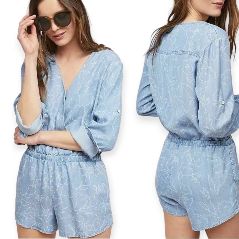 Cloth & Stone S Chambray Floral V-Neck Sleeve Romper Shorts Outfit Anthroplogie - Picture 1 of 8